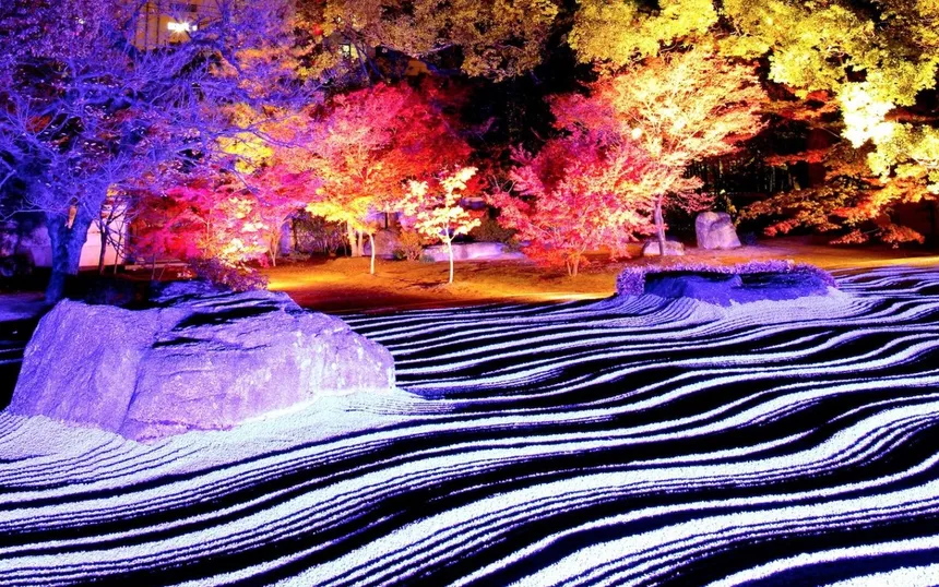 The rock garden of Joten-ji lit in colour at night during the Hakata light-up walk, November 2012