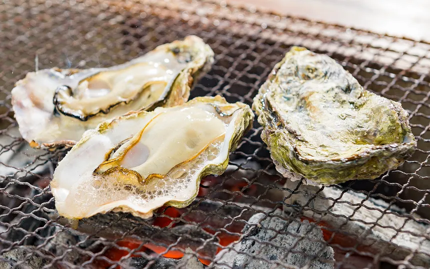 Oysters opening on the grill at an oyster hut; this photograph was taken in Hiroshima Prefecture, not in Itoshima