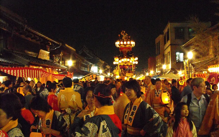 Kawagoe Festival crowd and a lantern-lit float at night