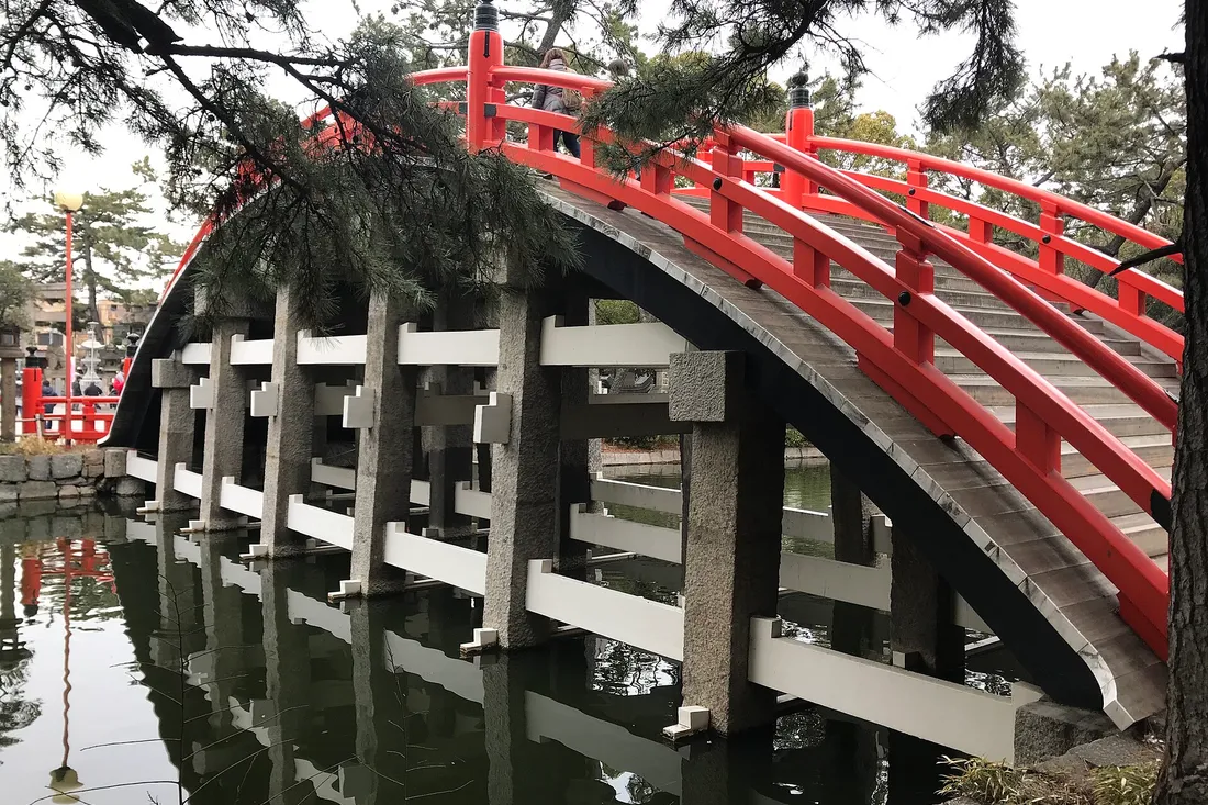 The steep arch of the Sorihashi bridge at Sumiyoshi Taisha seen from the side